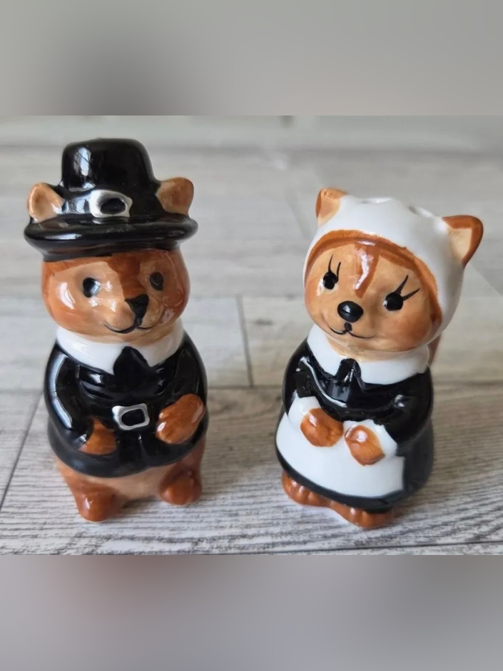 Brown & Black Ceramic Pilgrim squirrel Salt and Pepper Shakers Cracker Barrel